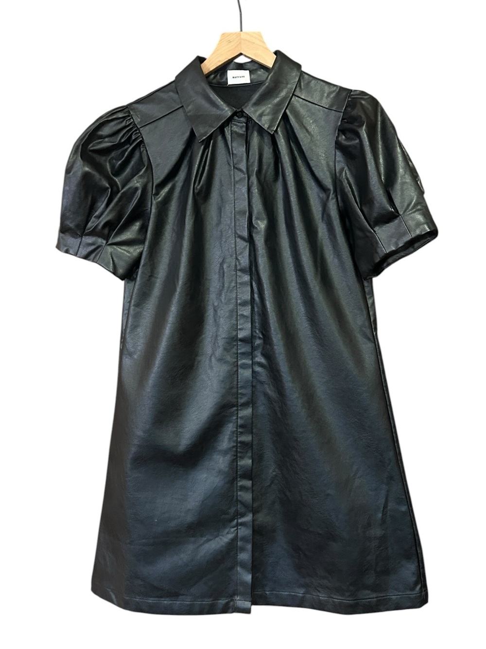 Aureum Black Faux Leather Puff Sleeve Mini Shirt Dress Size Medium - Picture 3 of 11